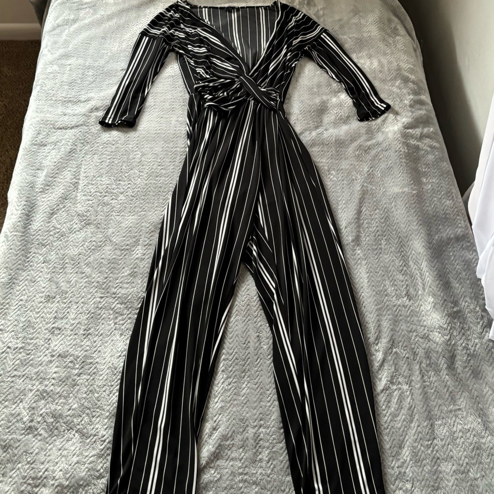 Express Black and White Striped Wrap Jumpsuit